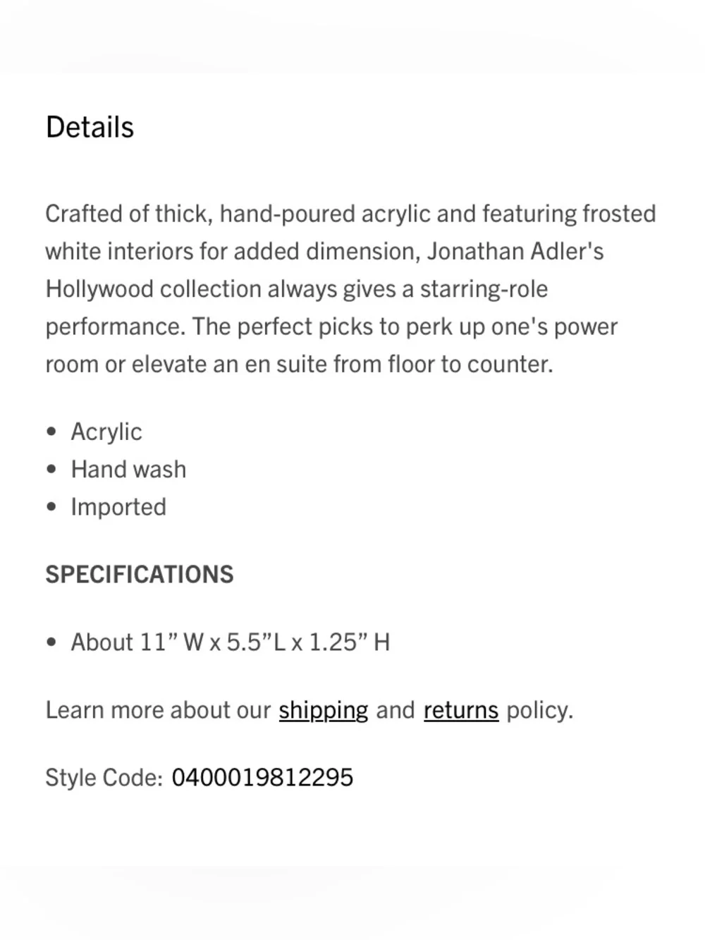 Jonathan Adler Acrylic Sleek Rectangular Bth Tray